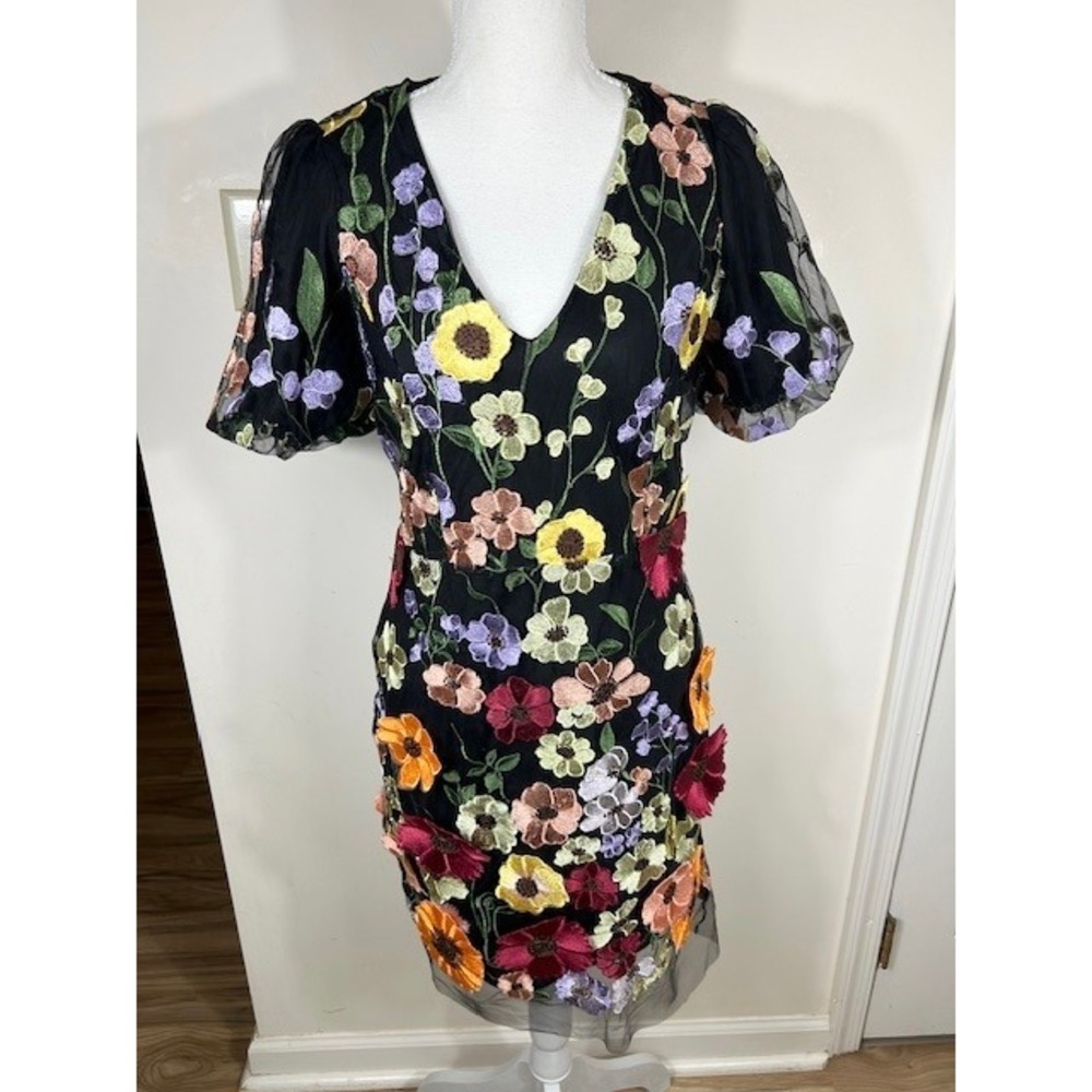 Adelyn Rae Dress Sz M Black Floral Applique Embroidered Mesh Garden Girl NEW
